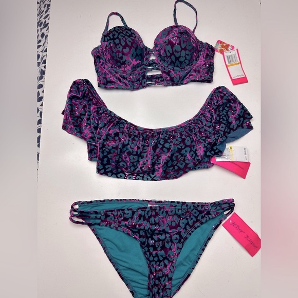 Betsey Johnson Lot 3:Metallic Pink Leopard Wild Instinct 2 Tops & Bottom NWT S/M - Picture 1 of 15